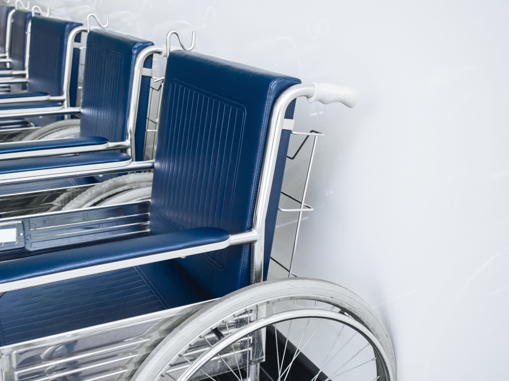 a row of wheelchairs in the hospital