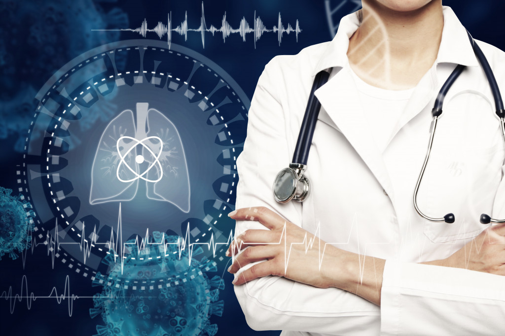 image of a female doctor with abstract background of technology used in heathcare