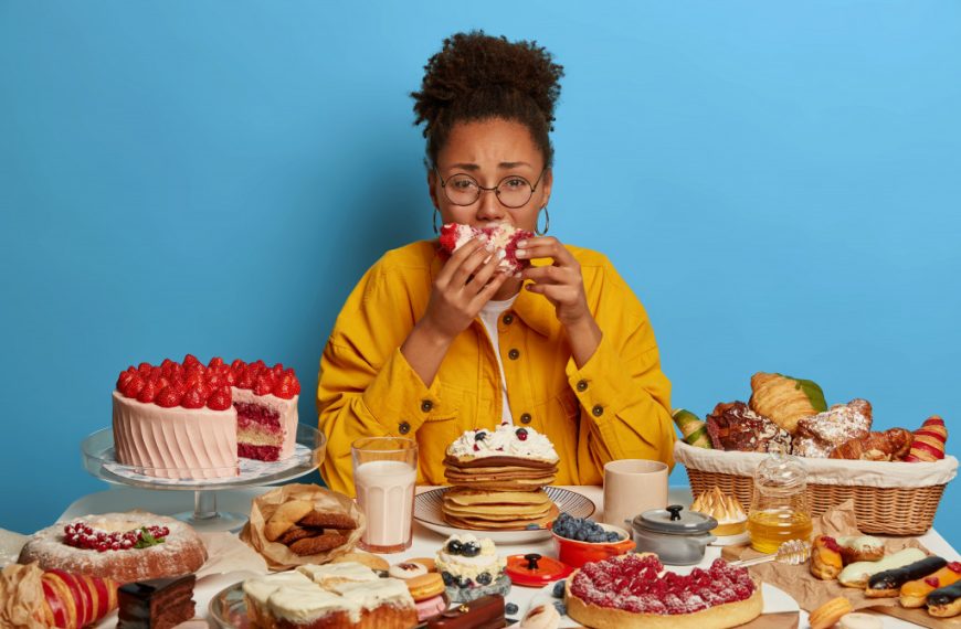 woman with too many desserts on the table